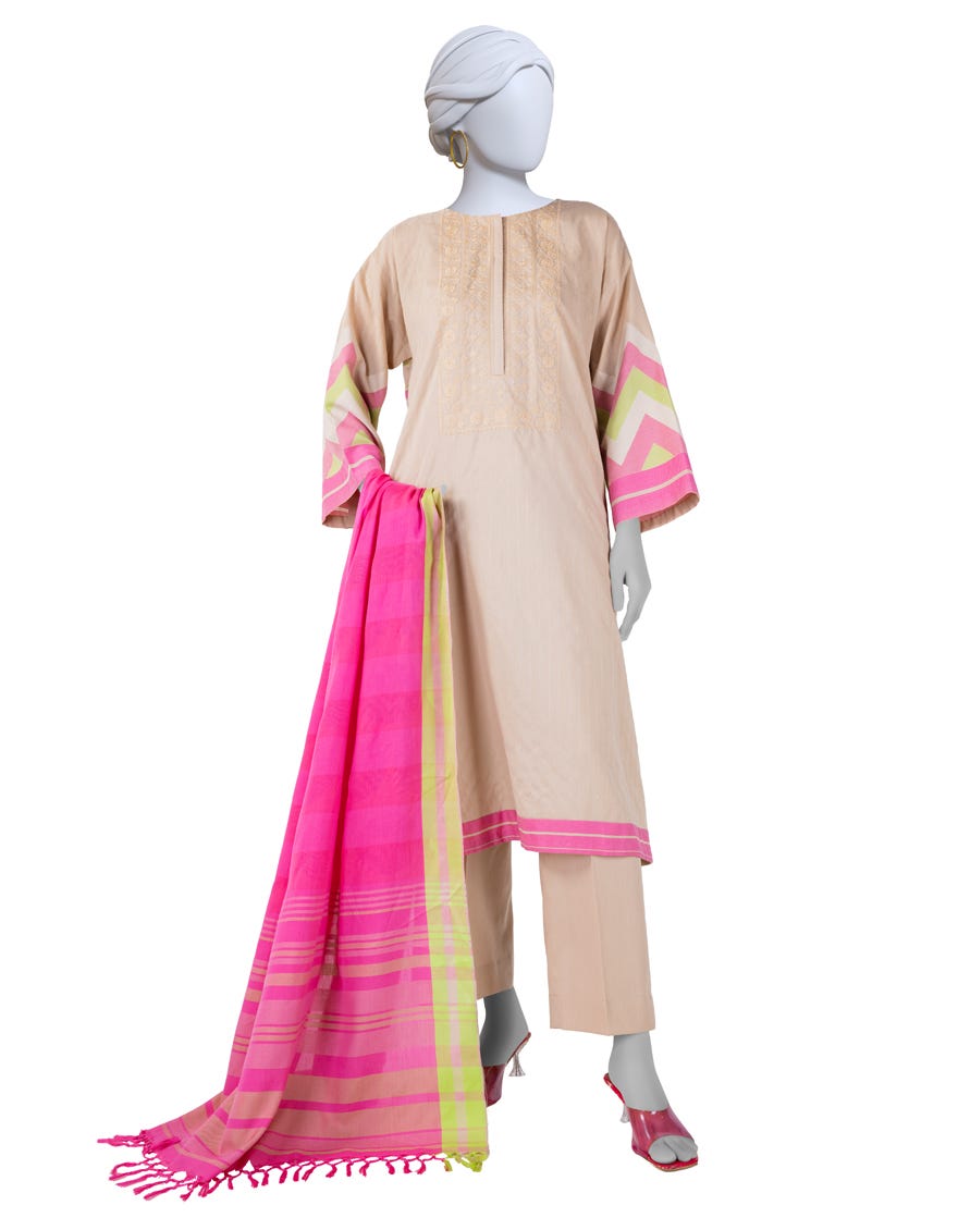 BEIGE JACQUARD EMBROIDERED UNSTITCHED 3PC | JLAWN-S-25-3127
