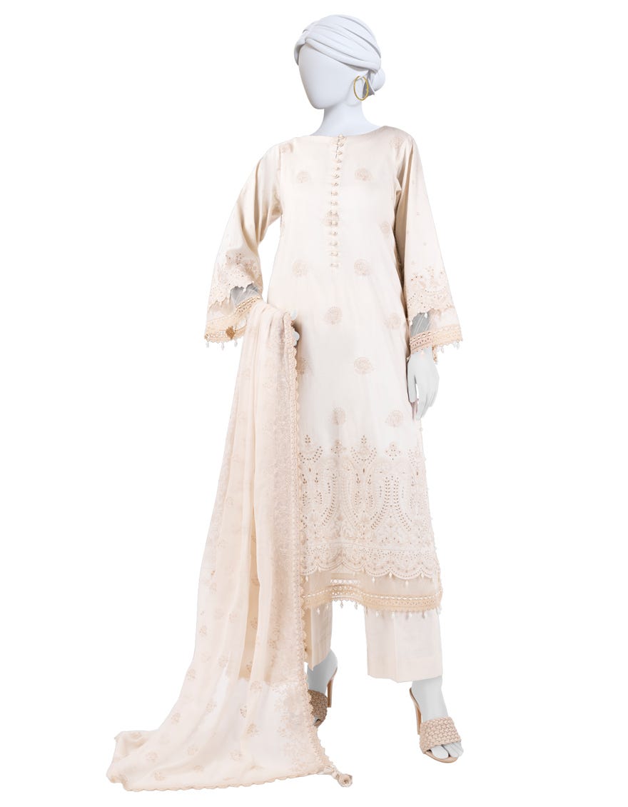 BEIGE LAWN SCHIFFLI UNSTITCHED 3PC | JLAWN-S-25-3153