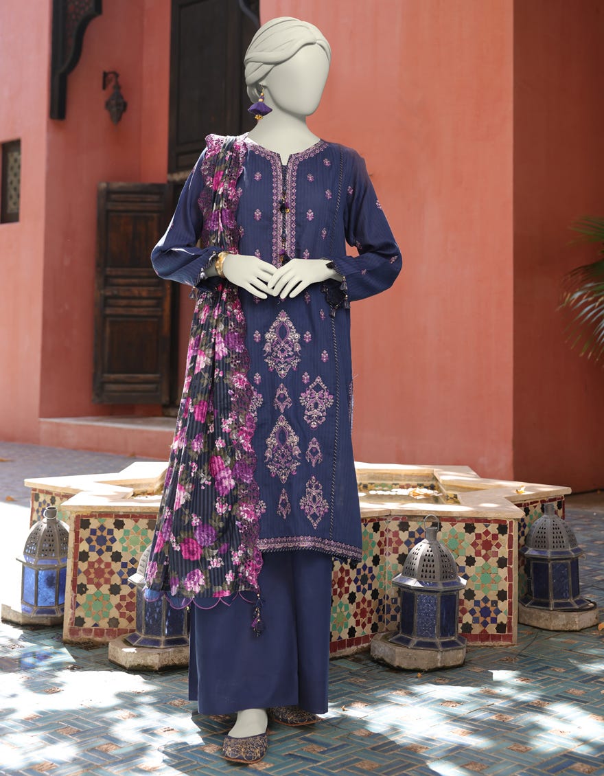 BLUE DOBBY EMBROIDERED UNSTITCHED 3PC | JLAWN-S-25-3164