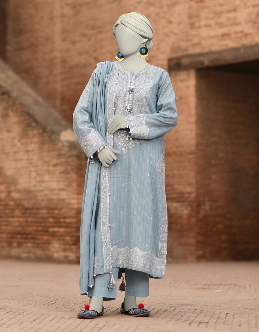BLUE DORIA EMBROIDERED UNSTITCHED 3PC | JLAWN-S-25-3185