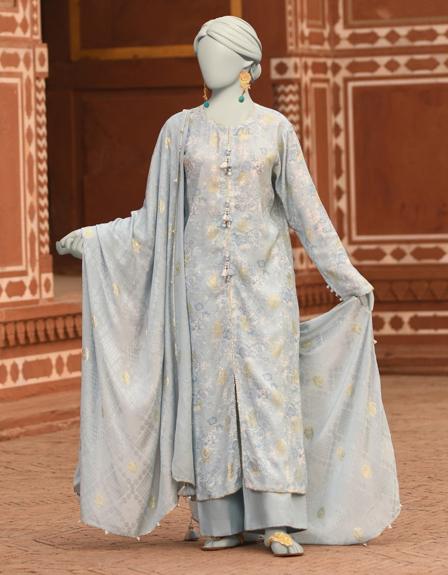 BLUE JACQUARD DIGITAL PRINTED UNSTITCHED 3PC | JLAWN-S-25-3195