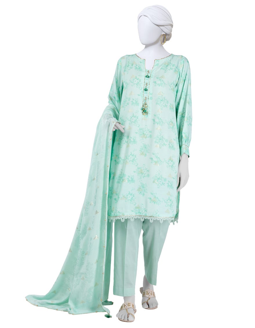 GREEN JACQUARD DIGITAL PRINTED UNSTITCHED 3PC | JLAWN-S-25-3196