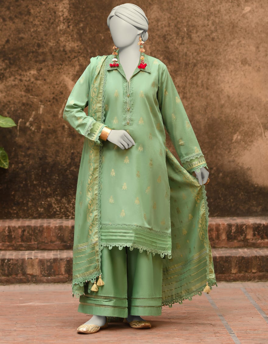 GREEN JACQUARD DYED UNSTITCHED 3PC | JLAWN-S-25-3198