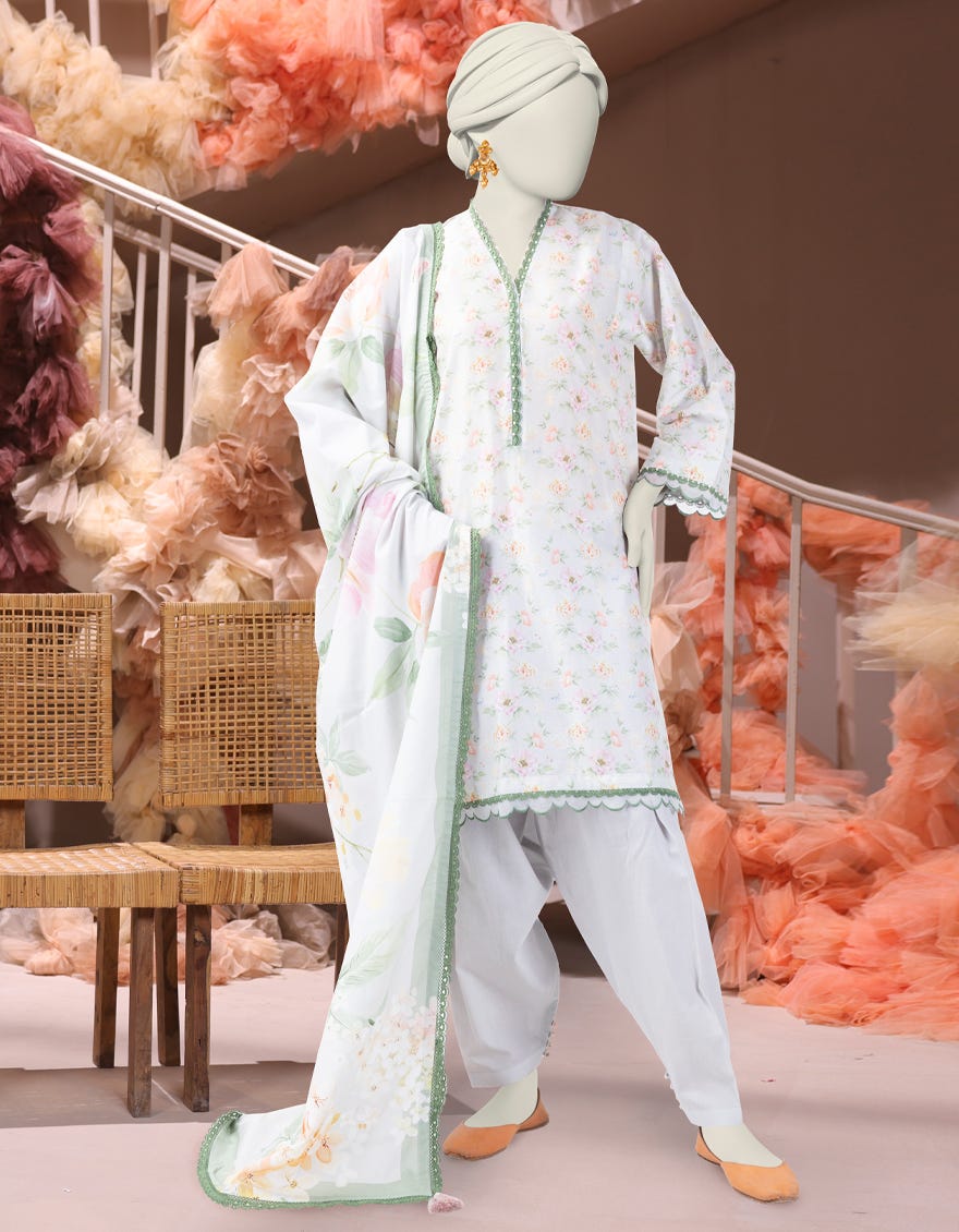 GREEN CAMBRIC PRINTED UNSTITCHED 3PC | 25-3225