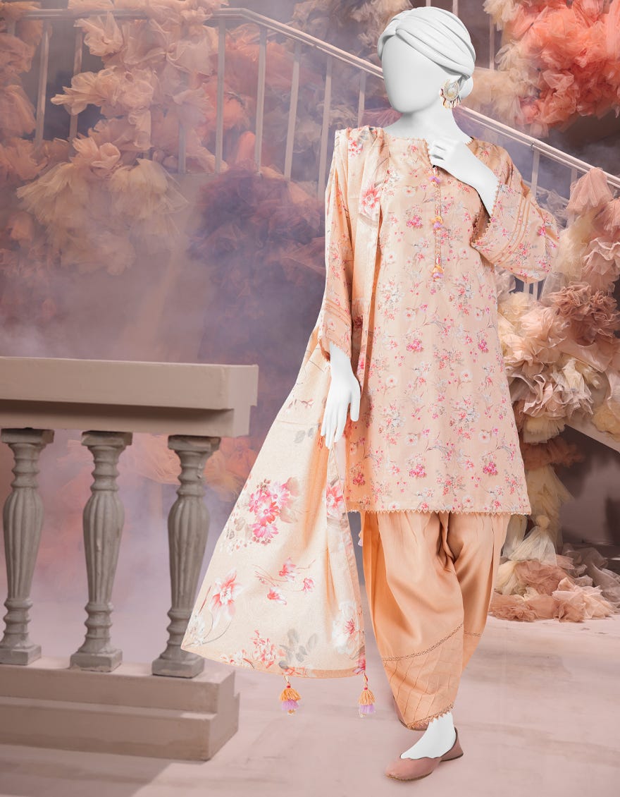 PEACH CAMBRIC PRINTED UNSTITCHED 3PC | 25-3231