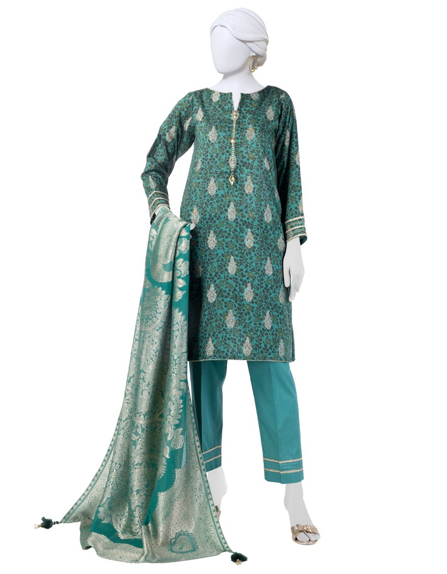 GREEN DIGITAL PRINTED JACQUARD UNSTITCHED 3PC