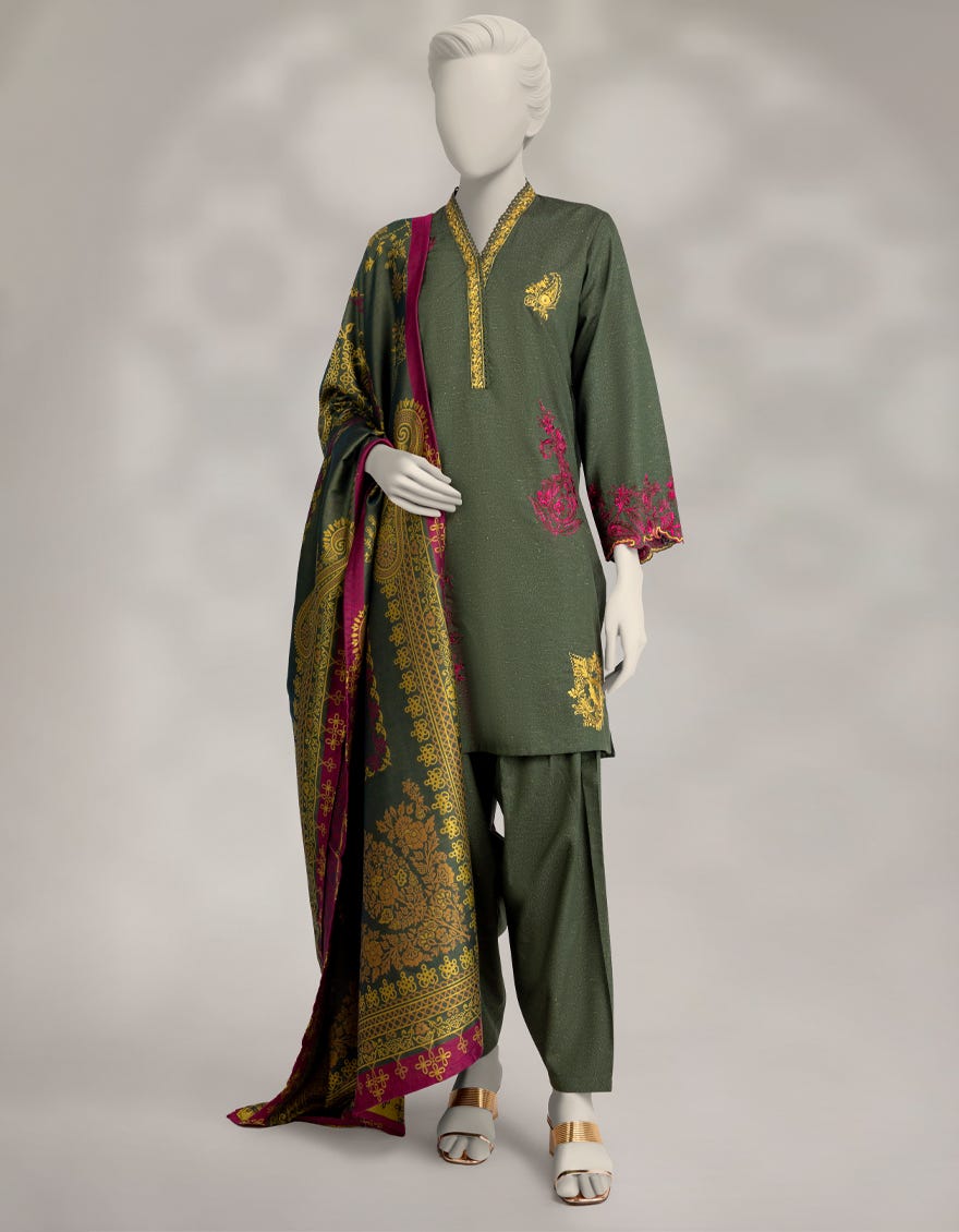 GREEN KARANDI EMBROIDERED 3PC STITCHED