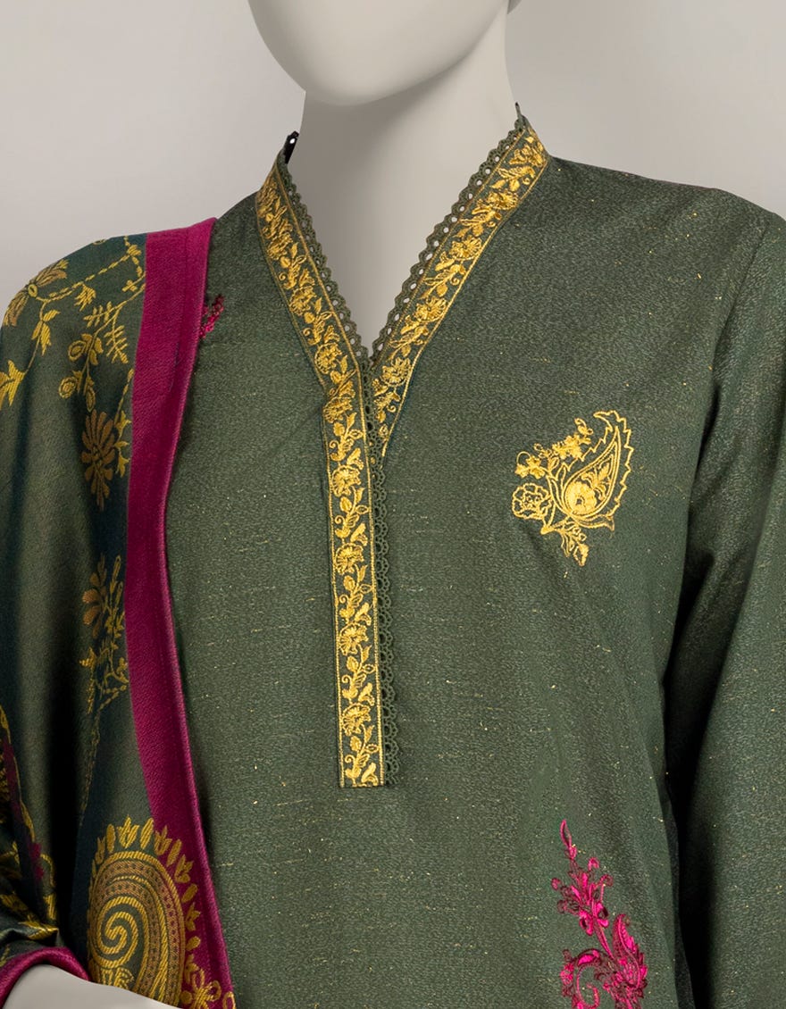 GREEN KARANDI EMBROIDERED 3PC STITCHED