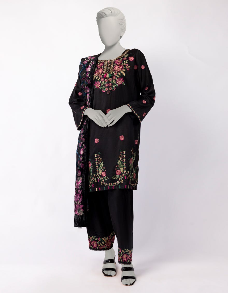 BLACK MAPLE SILK EMBROIDERED 3PC STITCHED