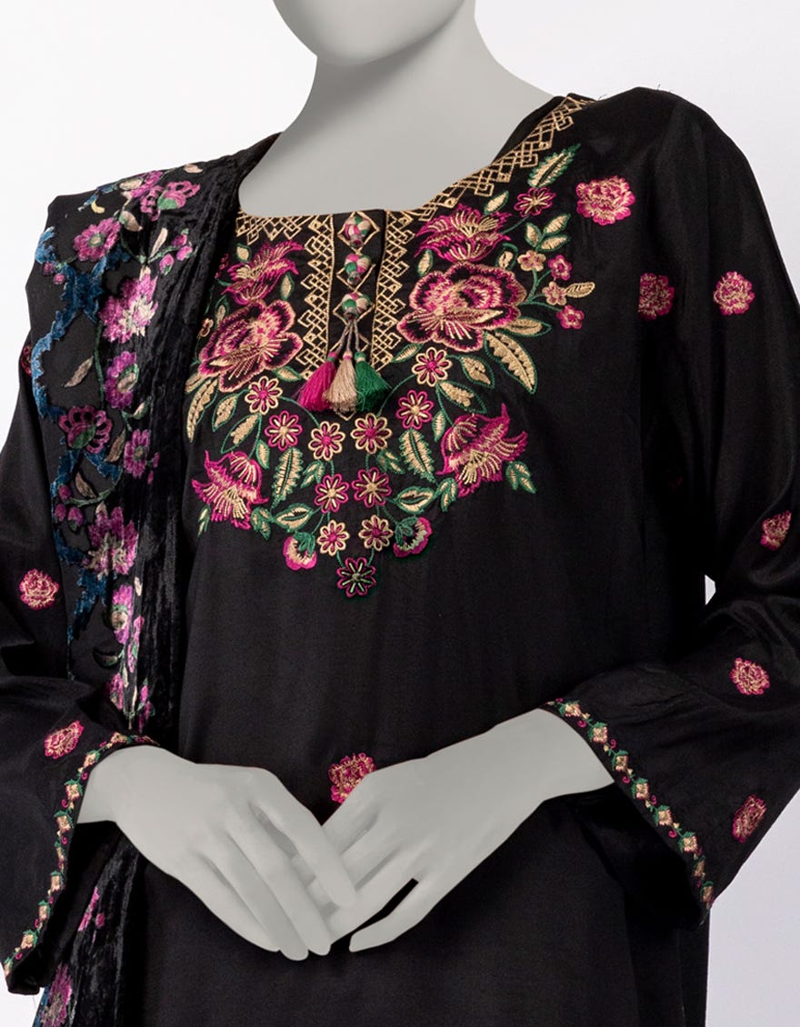 BLACK MAPLE SILK EMBROIDERED 3PC STITCHED