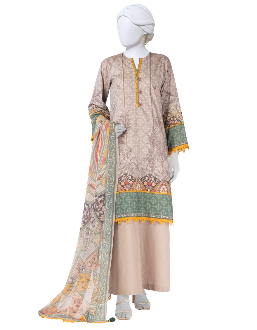 BROWN PRINTED LAWN UNSTITCHED 3PC
