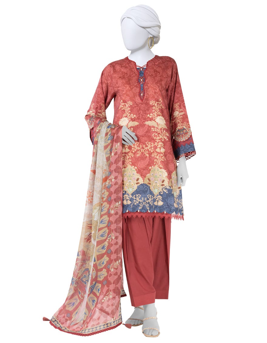 RED PRINTED LAWN UNSTITCHED 3PC