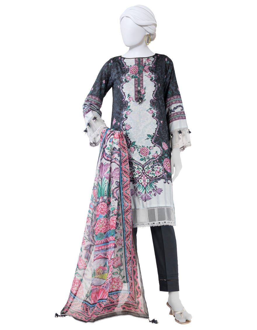 BLUE PRINTED LAWN UNSTITCHED 3PC