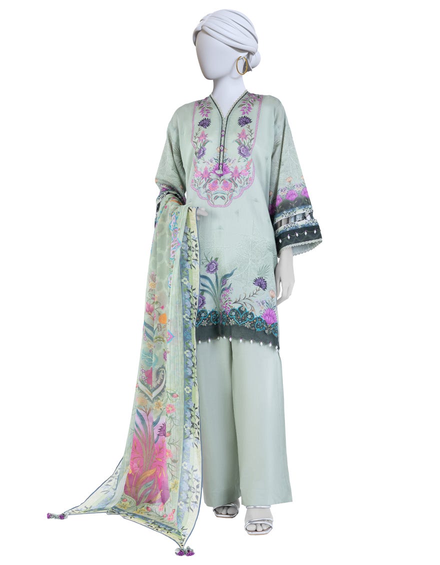 GREEN PRINTED LAWN UNSTITCHED 3PC