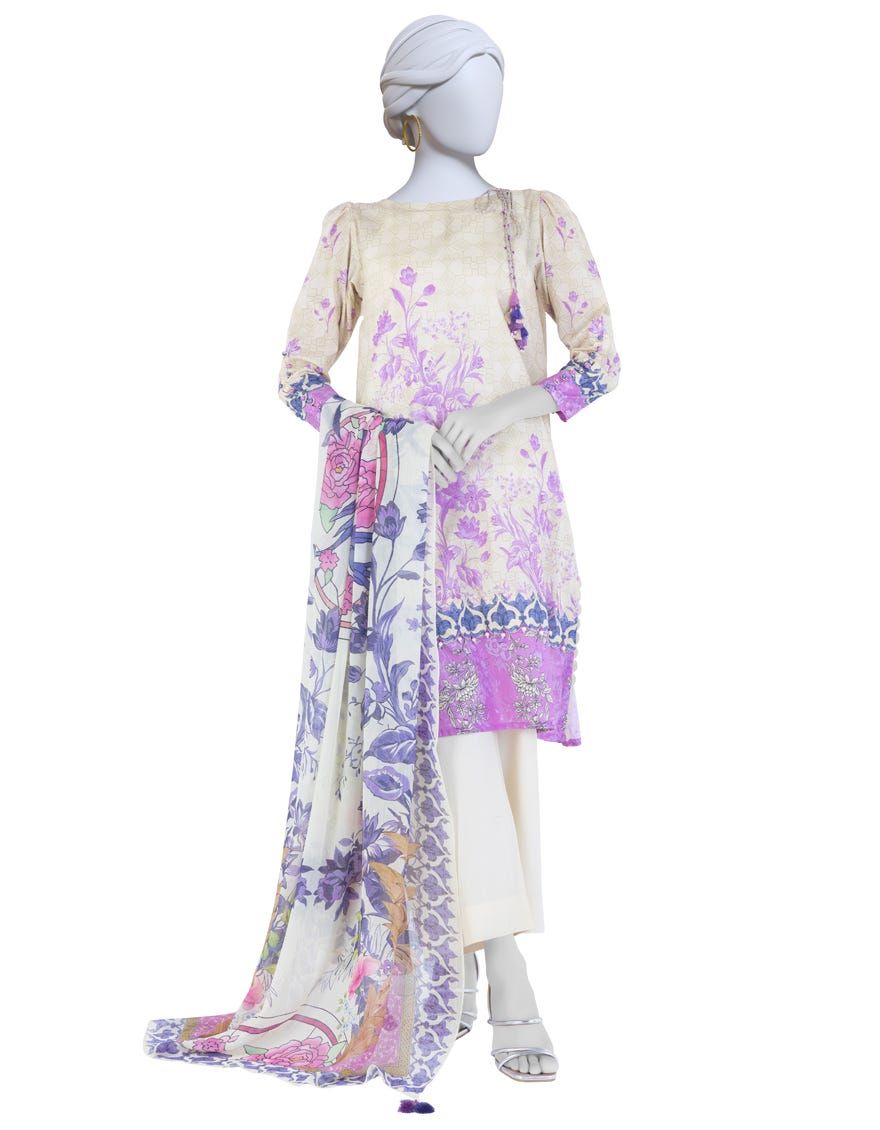 BEIGE PRINTED LAWN UNSTITCHED 3PC
