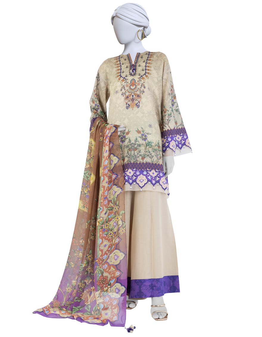 BEIGE PRINTED LAWN UNSTITCHED 3PC