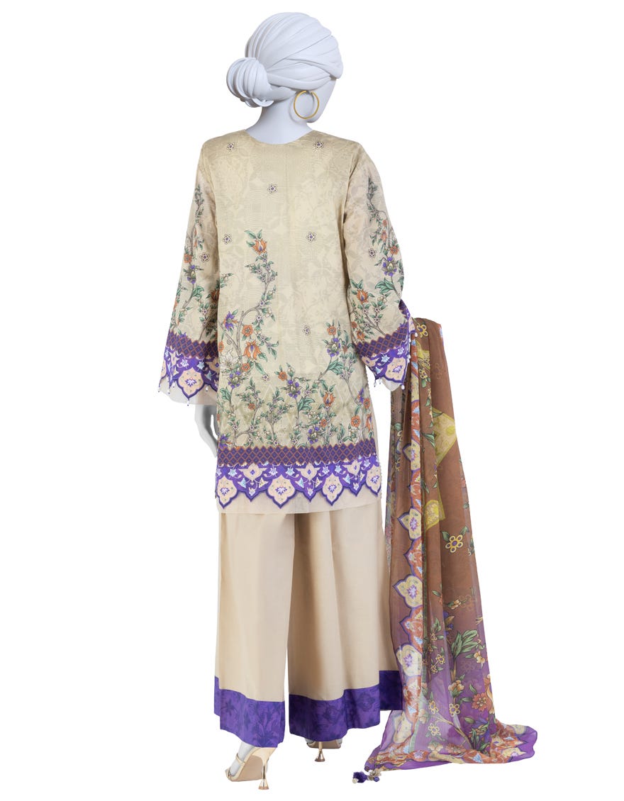 BEIGE PRINTED LAWN UNSTITCHED 3PC