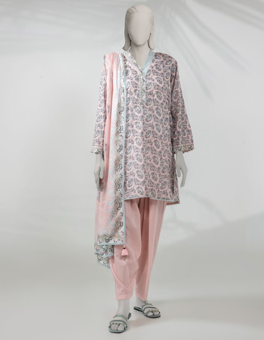 PINK LAWN PRINTED UNSTITCHED 3PC