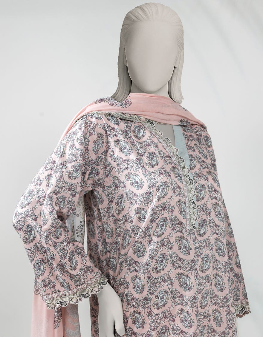 PINK LAWN PRINTED UNSTITCHED 3PC