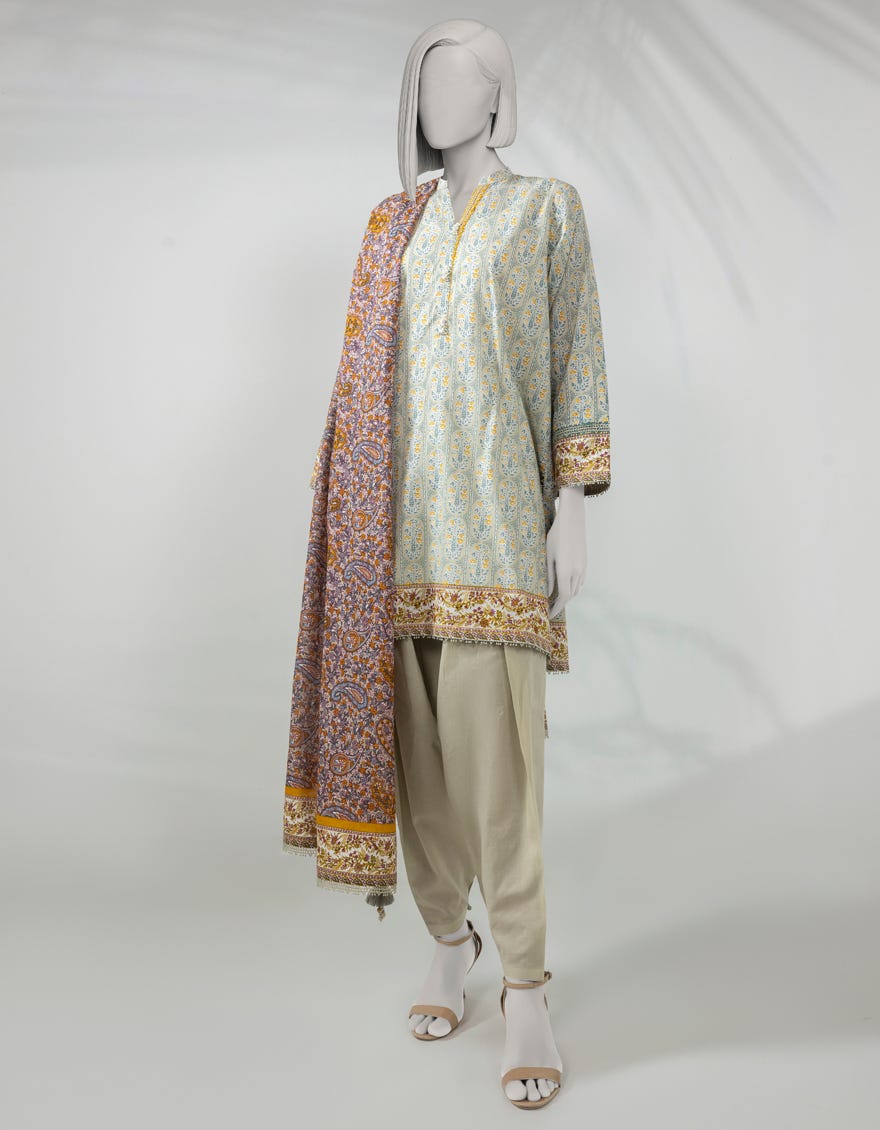 BEIGE LAWN PRINTED UNSTITCHED 3PC