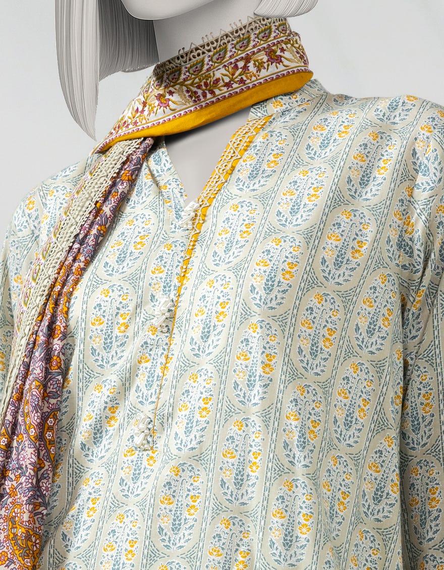 BEIGE LAWN PRINTED UNSTITCHED 3PC
