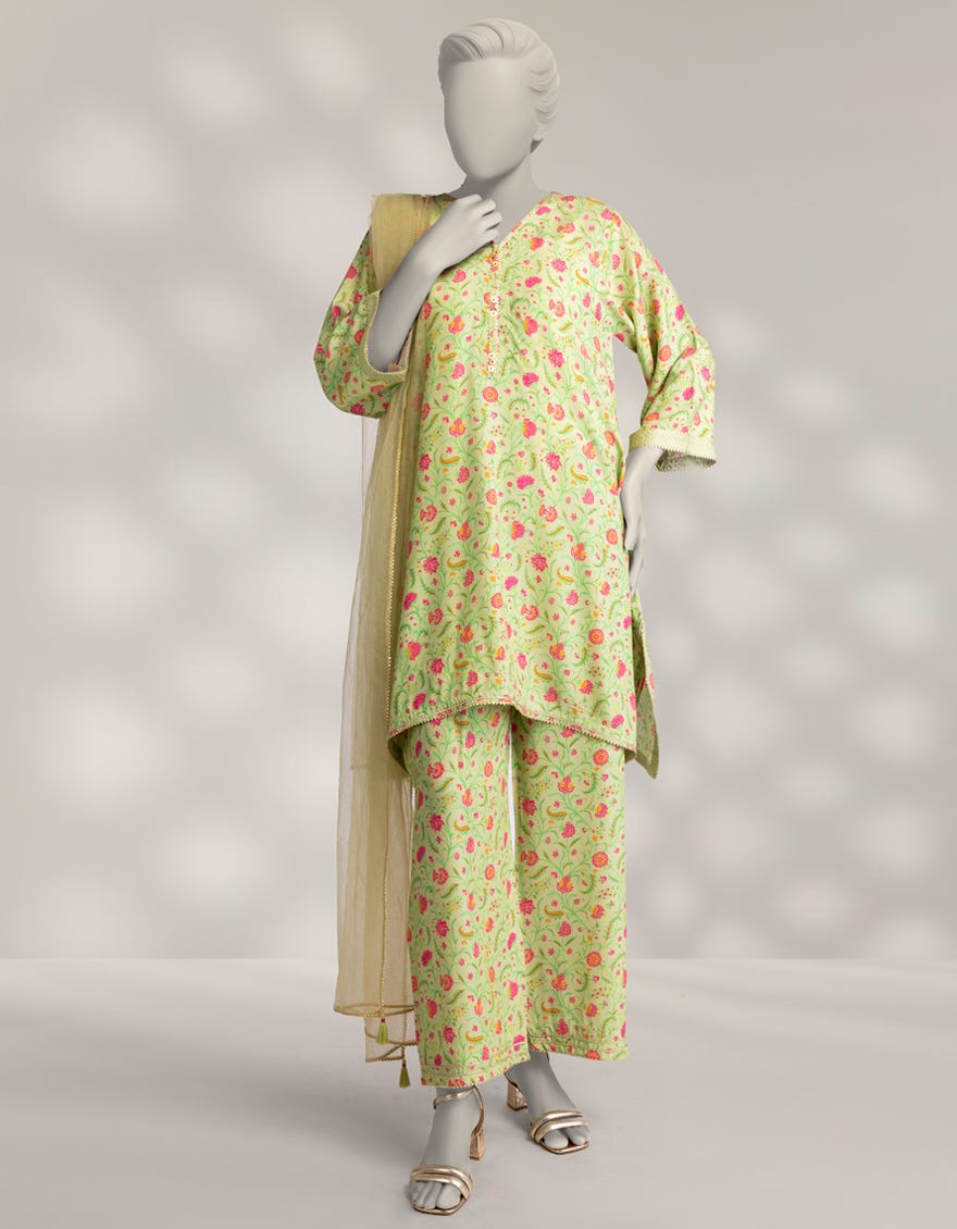 GREEN LINEN DIGITAL PRINTED 3PC STITCHED