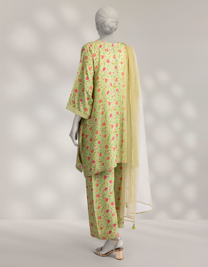 GREEN LINEN DIGITAL PRINTED 3PC STITCHED