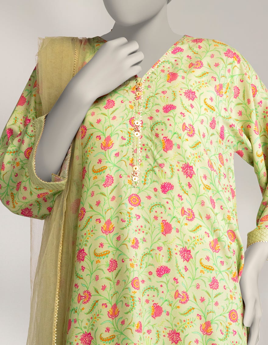 GREEN LINEN DIGITAL PRINTED 3PC STITCHED