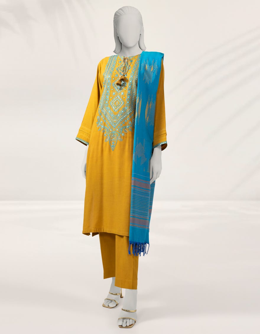MUSTARD EMBROIDERED LINEN UNSTITCHED 3PC