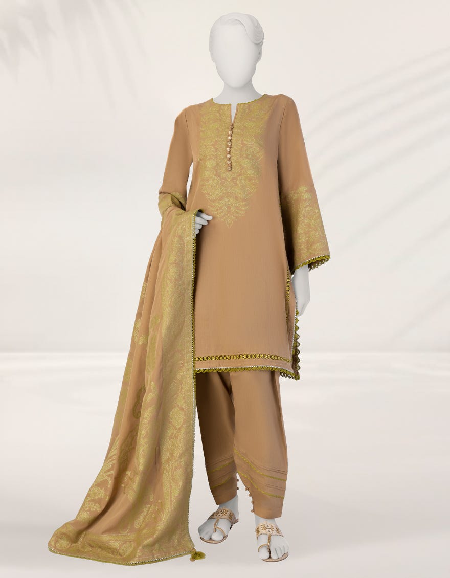BROWN DYED JACQUARD UNSTITCHED 3PC