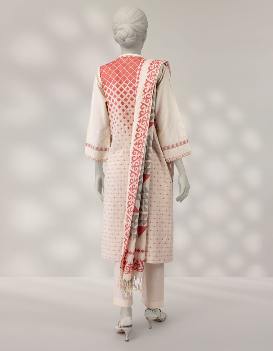 CREAM JACQUARD DYED 3PC STITCHED