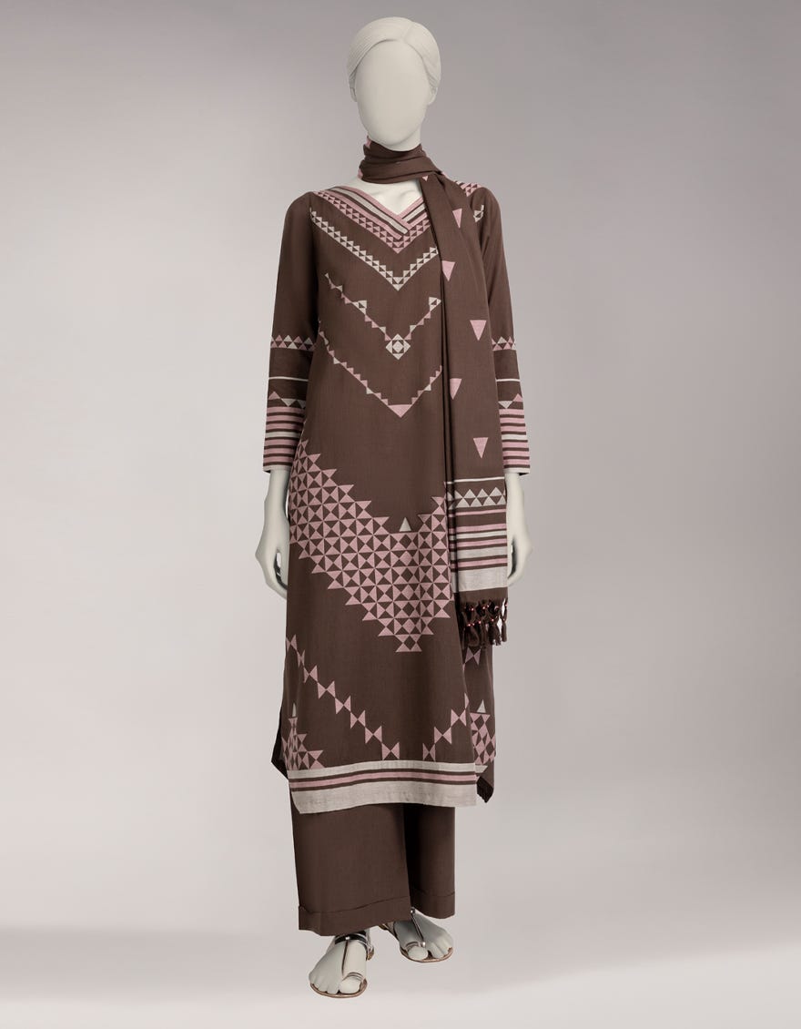 BROWN JACQUARD DYED UNSTITCHED 3PC