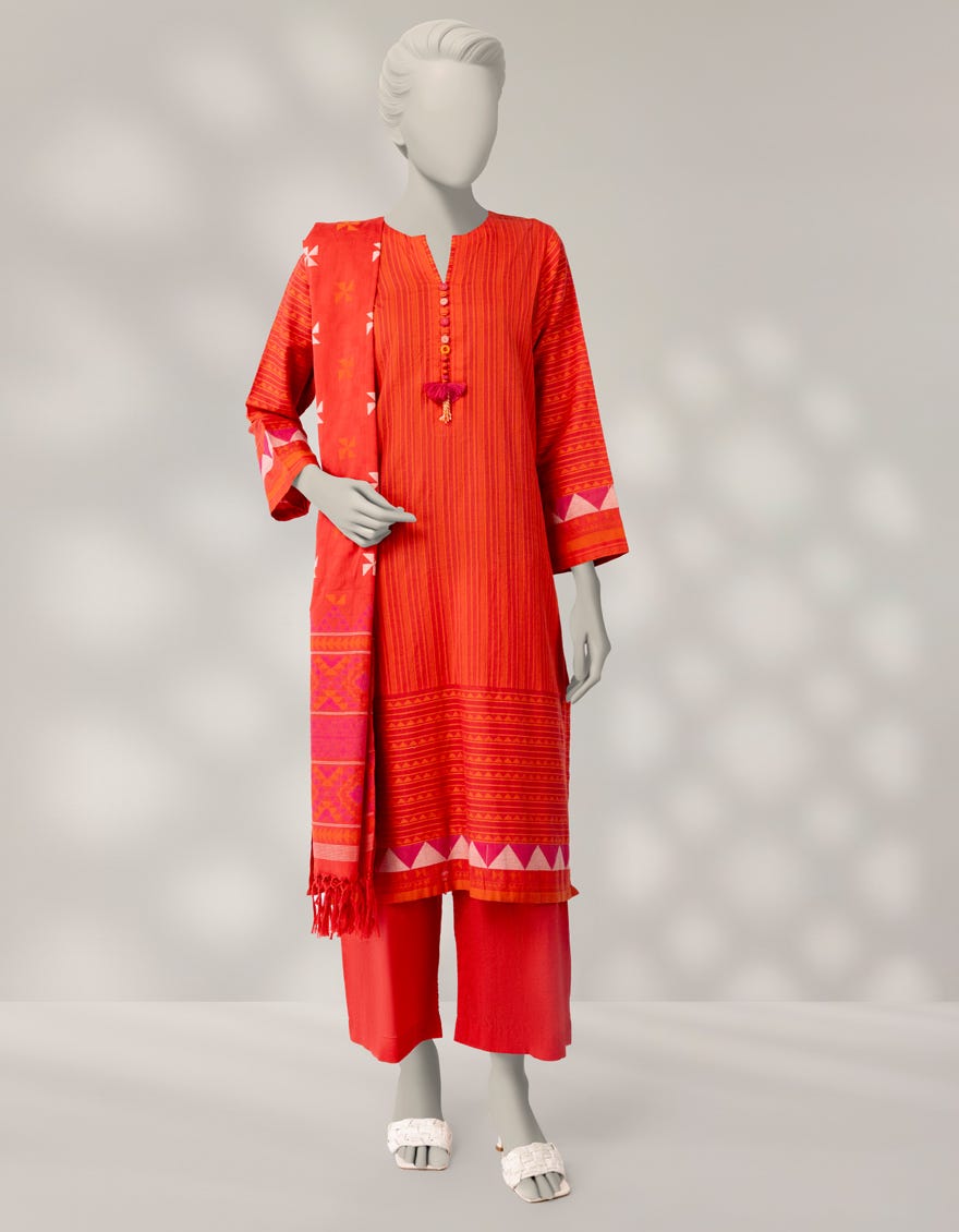 RED JACQUARD DYED 3PC STITCHED