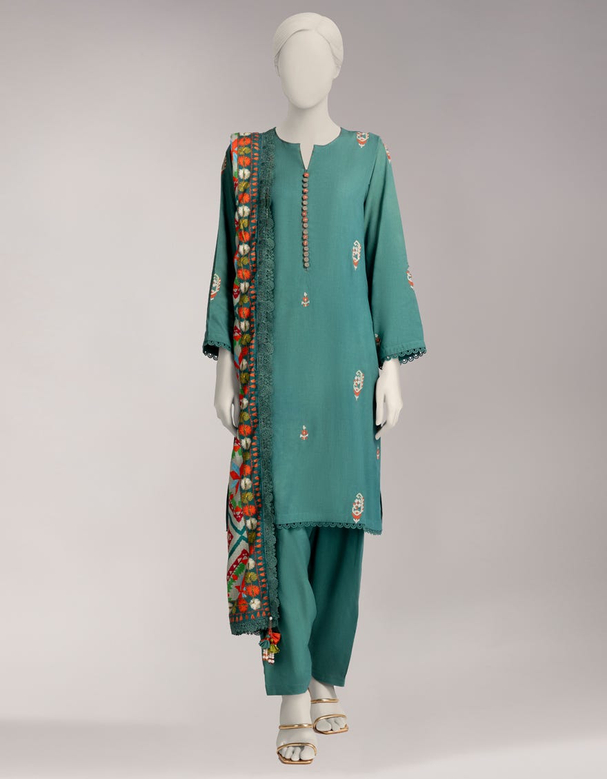 GREEN LINEN EMBROIDERED UNSTITCHED 3PC