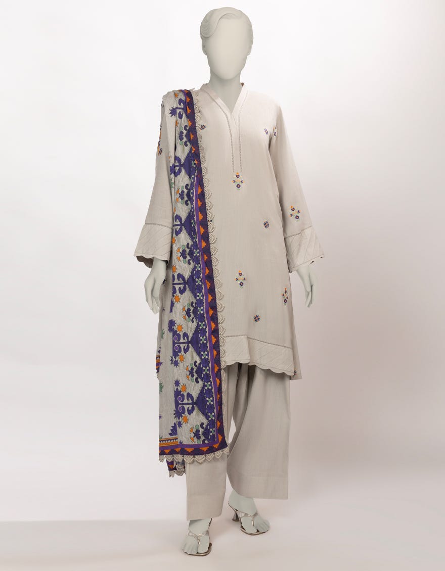 GREY LINEN EMBROIDERED UNSTITCHED 3PC