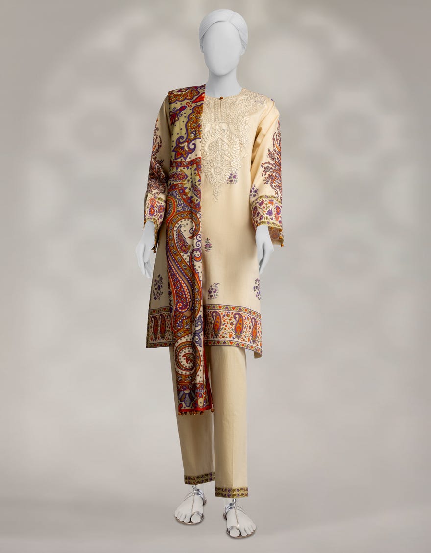 OFF WHITE PASHMINA EMBROIDERED UNSTITCHED 3PC