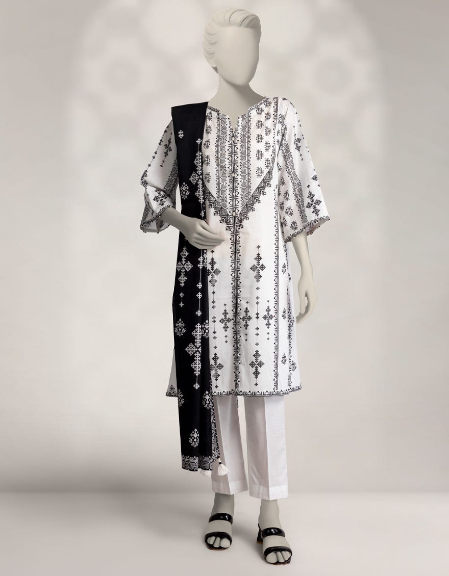 WHITE CAMBRIC PRINTED 3PC STITCHED
