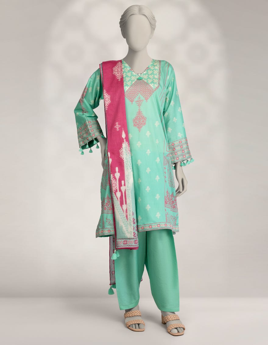 GREEN CAMBRIC PRINTED 3PC STITCHED