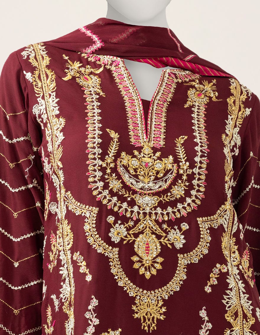 MAROON EMBROIDERED CHIFFON UNSTITCHED 3PC