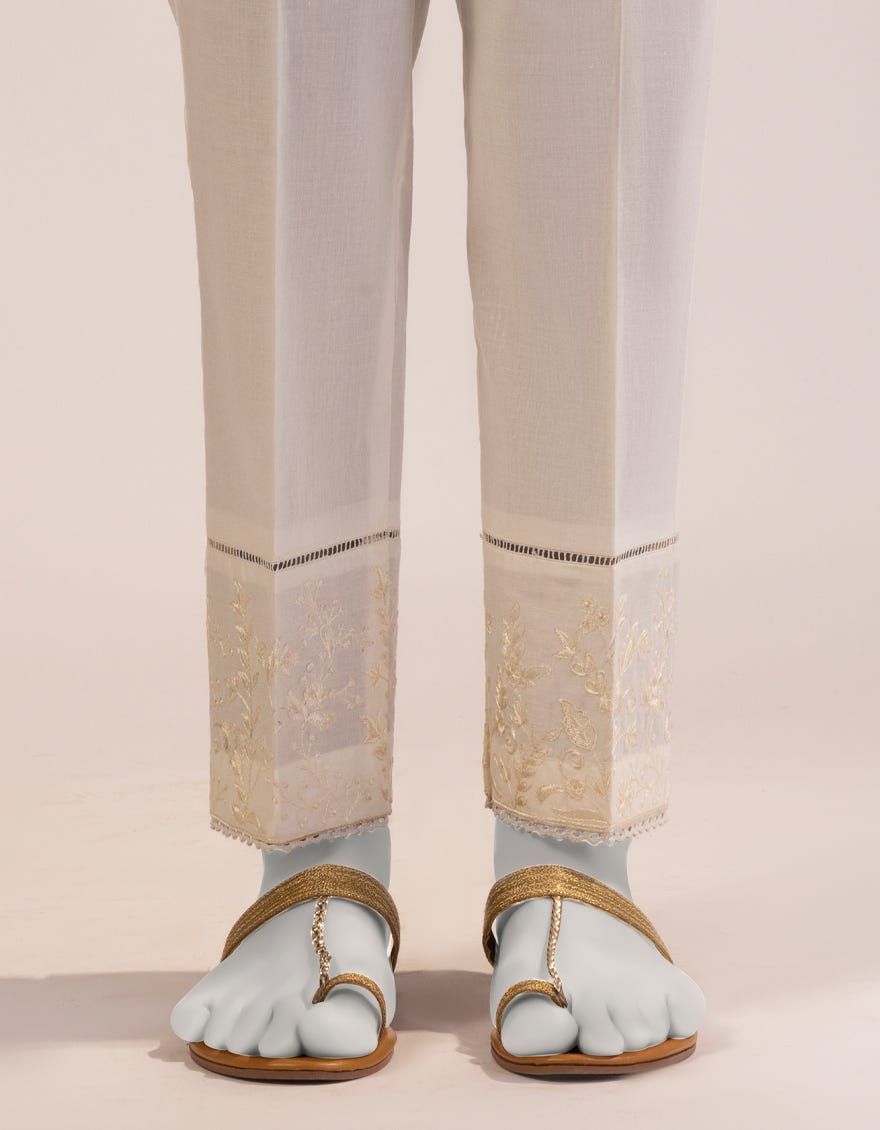 OFF WHITE LAWN EMBROIDERED TROUSERS