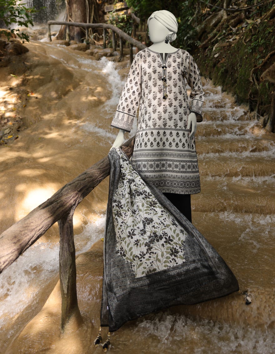 OFF WHITE ZARI TAR LAWN PRINTED UNSTITCHED 3PC | JLAWN-S-25-815