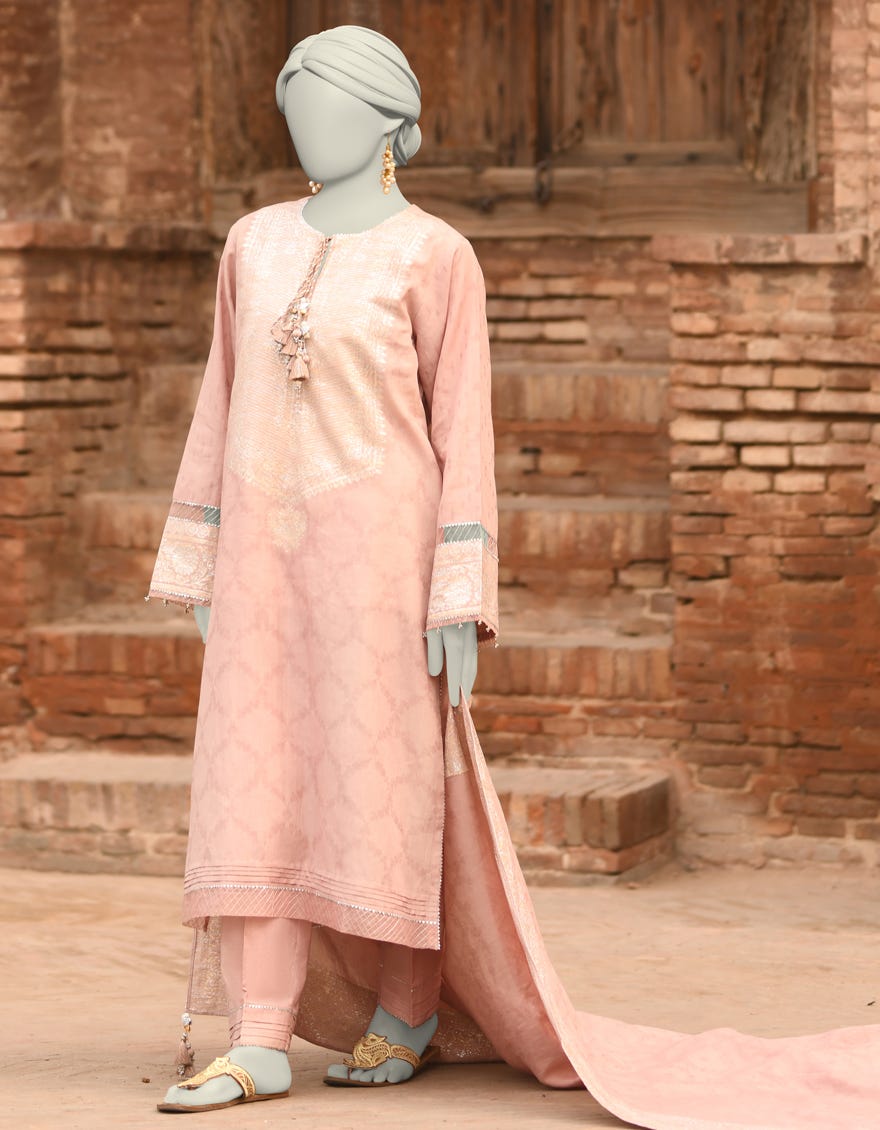 PEACH JACQUARD DYED UNSTITCHED 3PC | JLAWN-S-25-845
