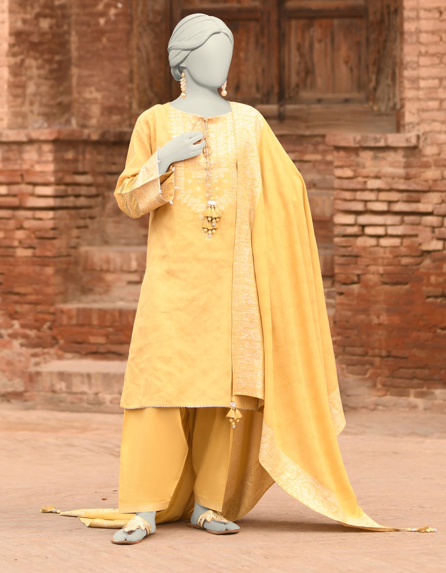 YELLOW JACQUARD DYED UNSTITCHED 3PC | JLAWN-S-25-847