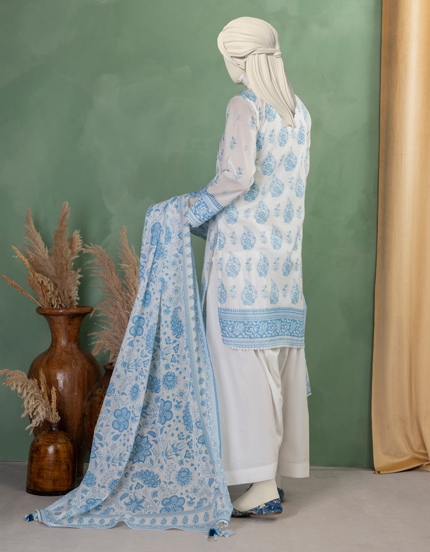 WHITE LAWN PRINTED UNSTITCHED 3PC
