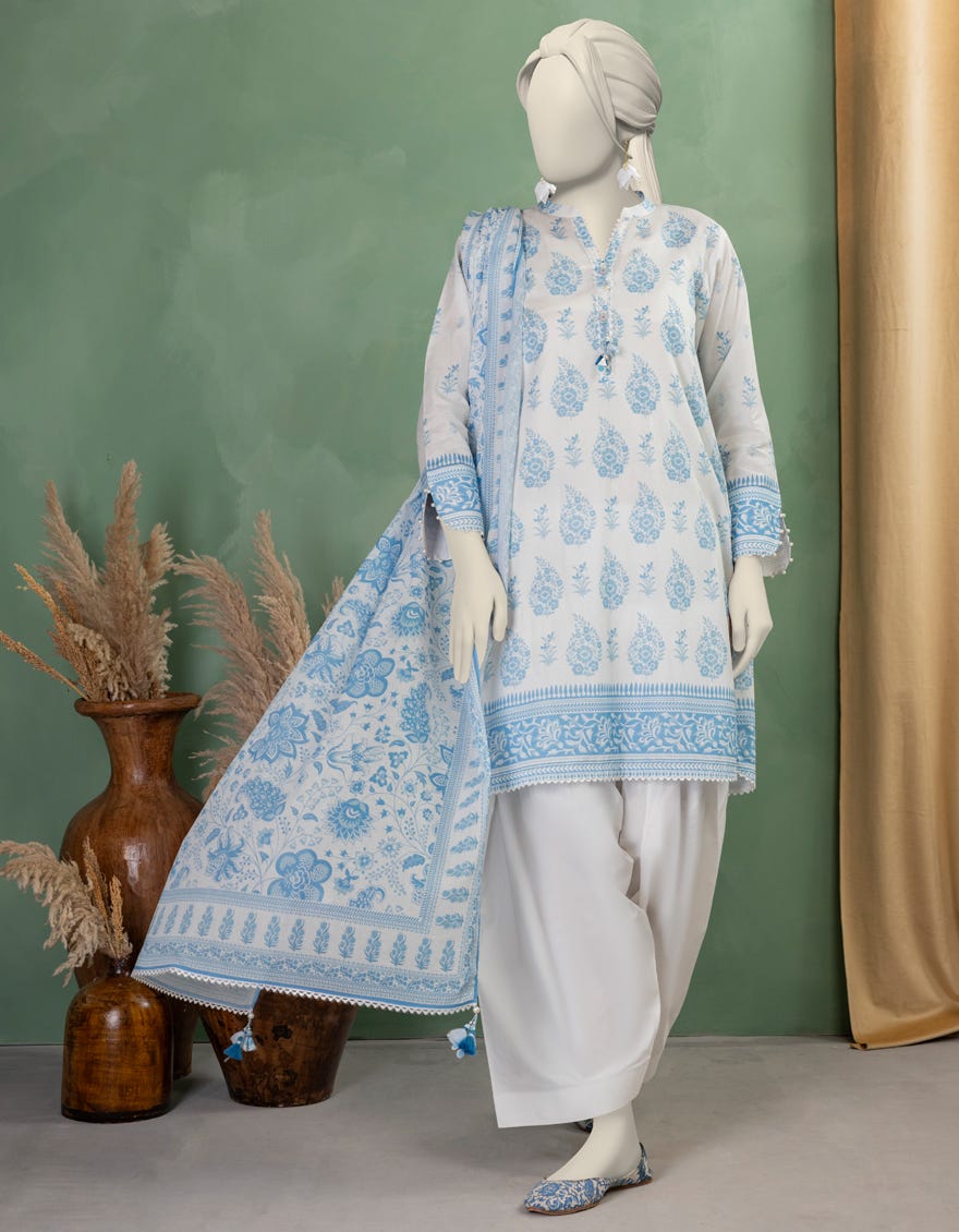 WHITE LAWN PRINTED UNSTITCHED 3PC