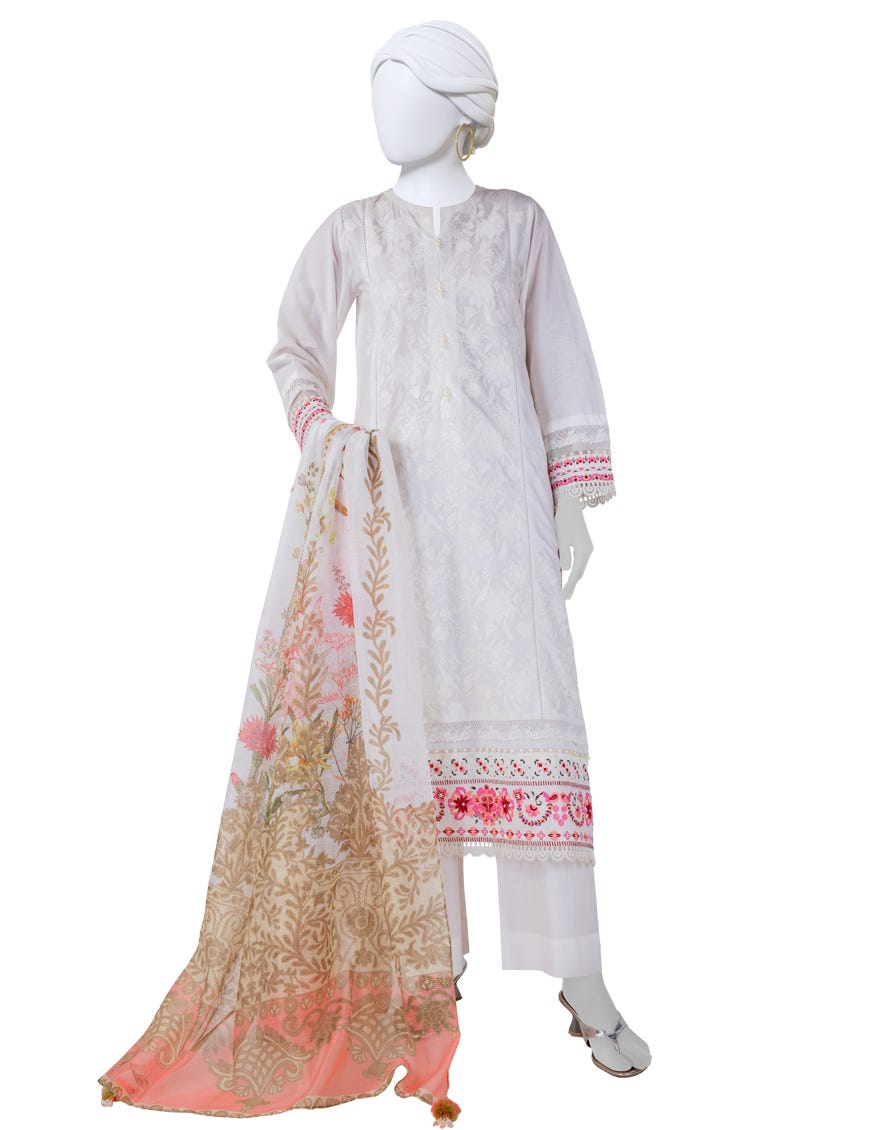 WHITE LAWN SCHIFFLI UNSTITCHED 3PC