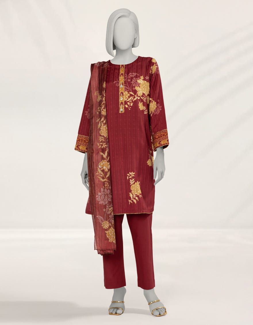 MAROON DIGITAL PRINTED DORIA 3PC STITCHED