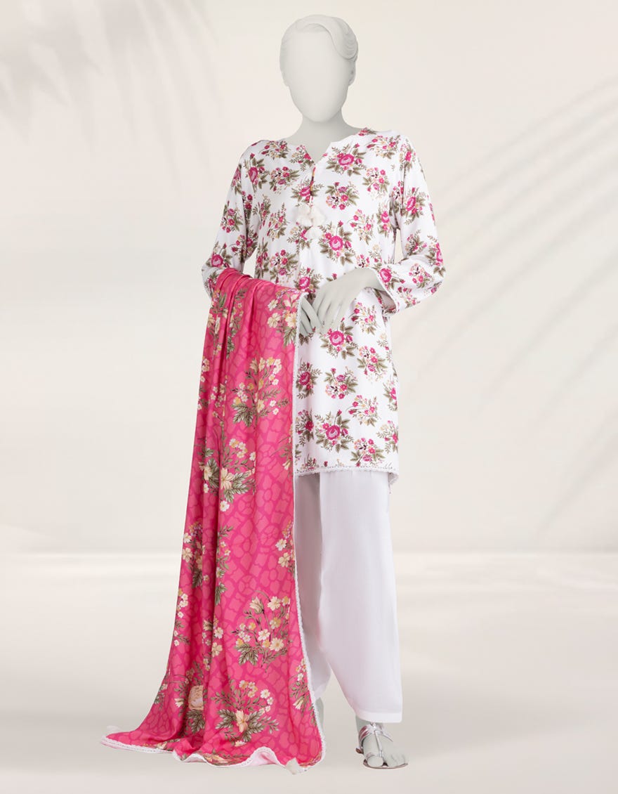 WHITE DIGITAL PRINTED LINEN 3PC STITCHED
