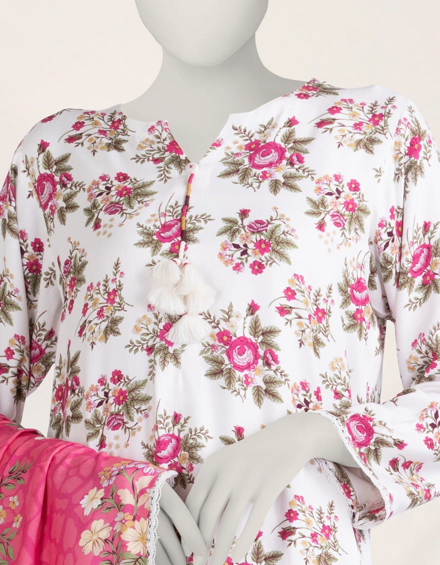 WHITE DIGITAL PRINTED LINEN 3PC STITCHED