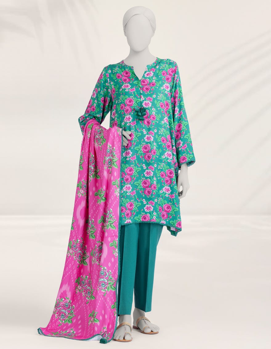 GREEN DIGITAL PRINTED LINEN UNSTITCHED 3PC